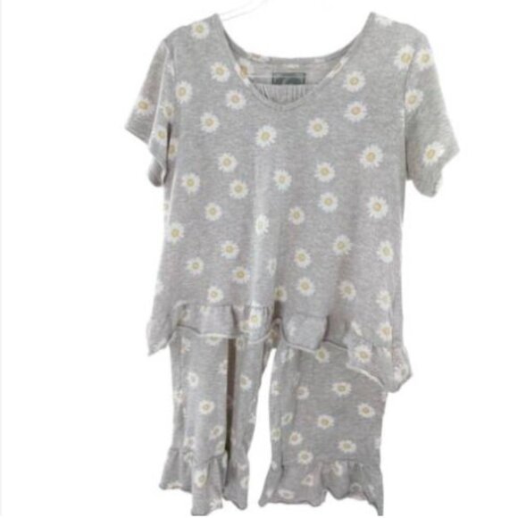 PJ COUTURE Daisy Print short sleeve and Pant 2-piece Pajama Set In Light Gray, L - Picture 2 of 2